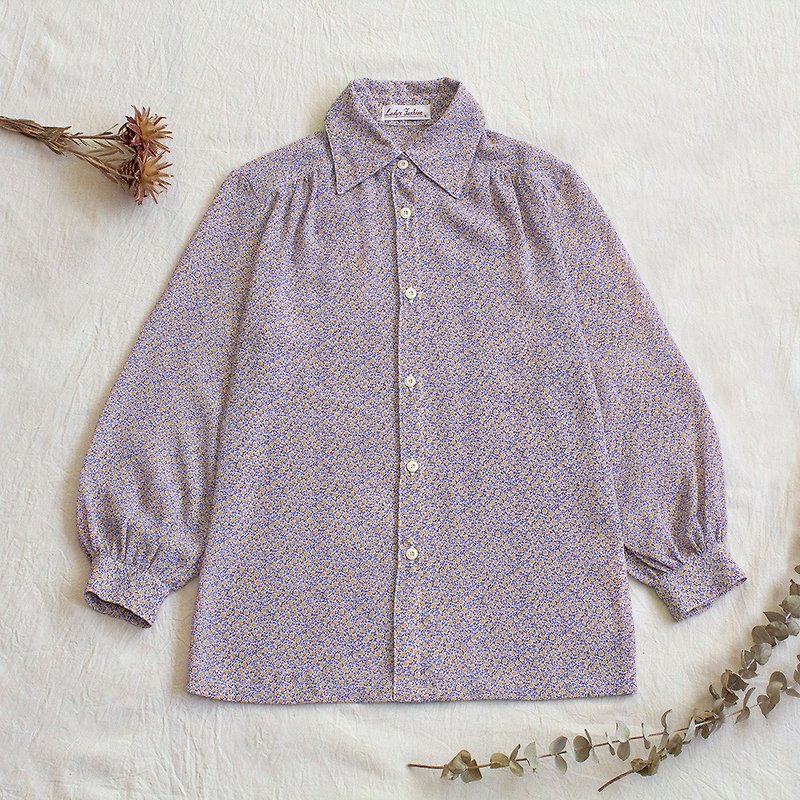 薰衣草小花古著長袖襯衫 - 恤衫 - 聚酯纖維 紫色