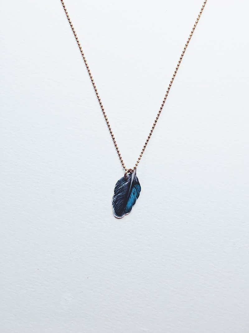 Hand Painted Necklace-Feather - Necklaces - Copper & Brass Blue