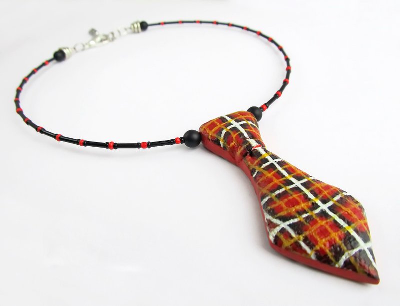 Pendant Tie patterned cage Tie plaid checkered Tie woman necktie Scottish cage - 項鍊 - 黏土 紅色