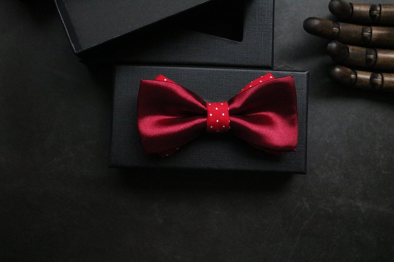红色真丝拼接波点领结婚庆宴会西服双层蝴蝶结 - 領結/領巾 - 絲．絹 紅色