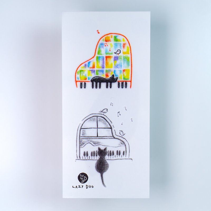 黑貓咪彩色鋼琴玻璃窗 水印紋身貼紙 迷你彩色蠟筆寵物插畫刺青圖 - 紋身貼紙 - 紙 多色