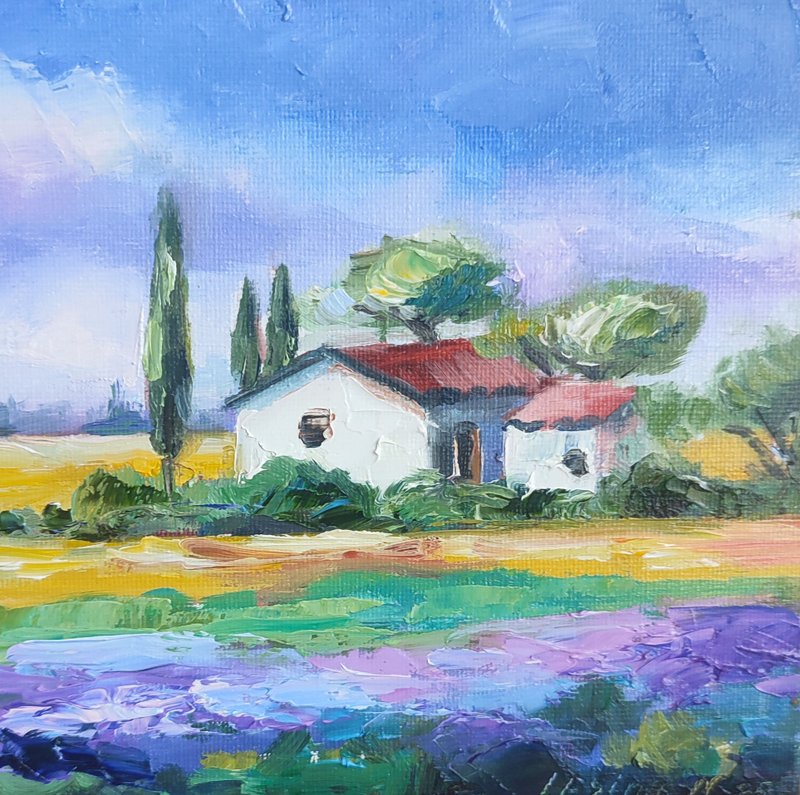 Provencal Landscape Oil Painting Lavender Small Art Provence Artwork Painting - 壁貼/牆壁裝飾 - 其他材質 藍色