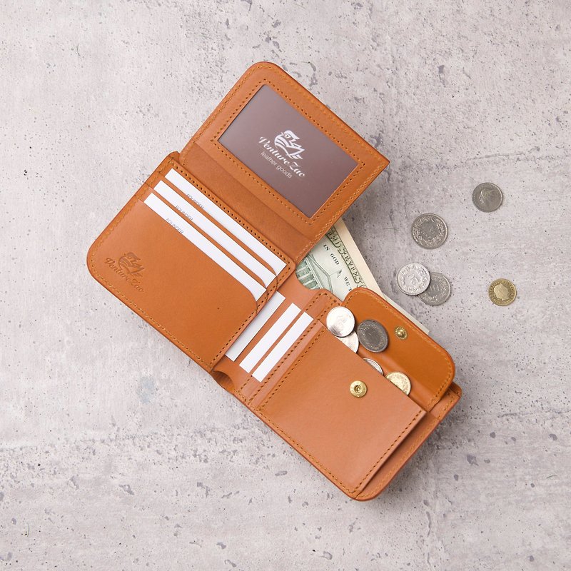 Flip ID Coin Pocket Short Clip Coin Wallet / Light Brown Tan - กระเป๋าสตางค์ - หนังแท้ สีกากี