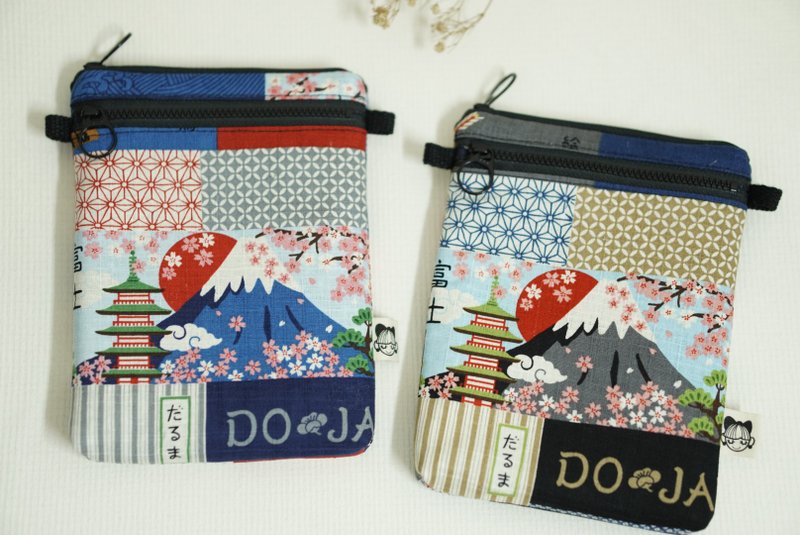 雙拉鍊手機包 日本和風 Fuji 富士山 黑/ 藍 - 側背包/斜孭袋 - 棉．麻 藍色