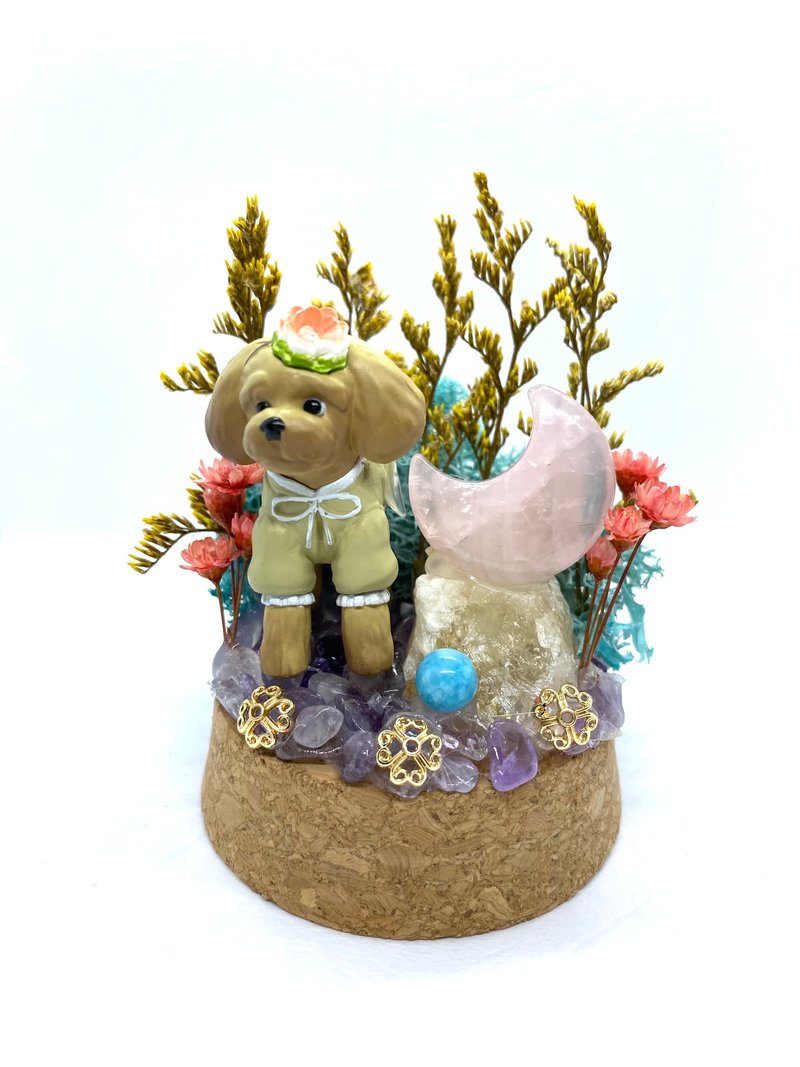 蔚藍樹林-貴賓狗與粉晶月亮/黃水晶-玻璃罩公仔/水晶/乾燥花 - 擺飾/家飾品 - 水晶 