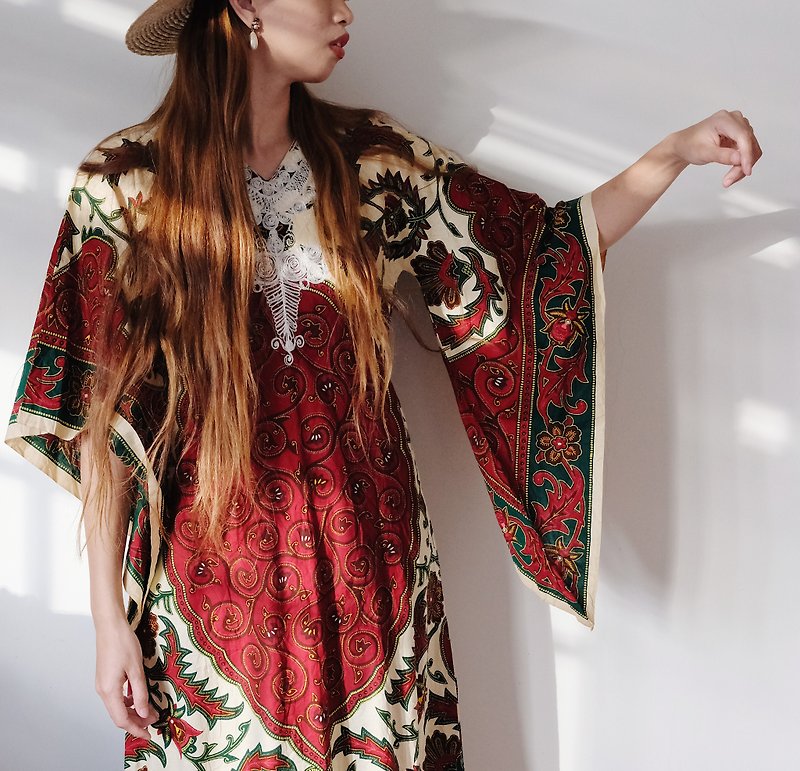 Vintage flared sleeve floor hippie robe dress - ชุดเดรส - ผ้าฝ้าย/ผ้าลินิน 