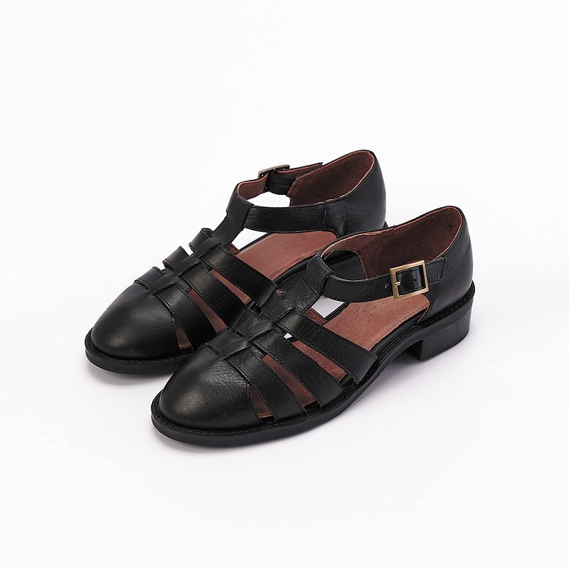 [Re-engraved Memories] Soft Leather Striped Hollow Mary Jane Shoes_Pure Black Nocturne
