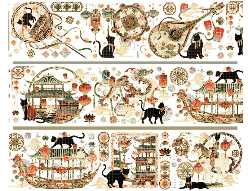 Tang Black Cat Oriental Ancient Style PET Paper Tape Shell Light/ Cut-Type Sticker Roll Star Film - มาสกิ้งเทป - วัสดุอื่นๆ สีแดง