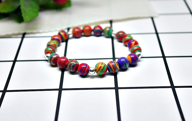 Natural Stone X Silver Elastic Bracelet <Natural Rainbow> - Bracelets - Gemstone 