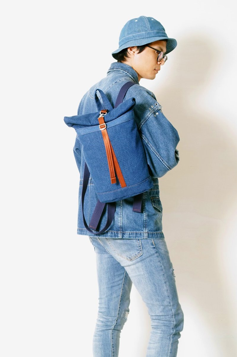 Graduation season DENIM-handmade denim denim canvas roll-top back/tablet bag - Backpacks - Cotton & Hemp Blue