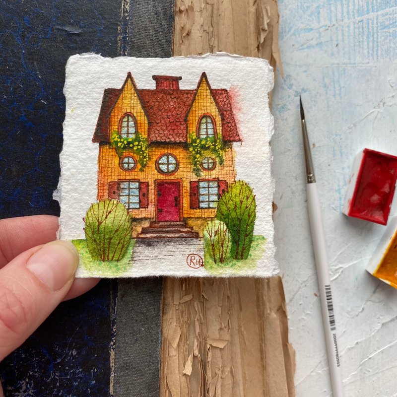 Fall painting Mini Original art Tiny artwork Autumn wall art by Rubinova - 海報/掛畫/掛布 - 紙 橘色