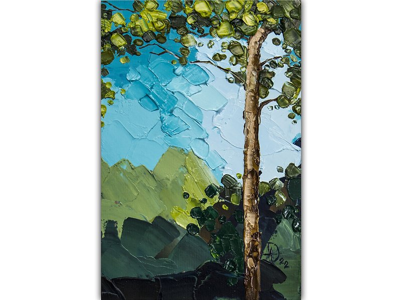 Pine Tree Painting Tree Original Art Small Impasto Oil Painting - โปสเตอร์ - วัสดุอื่นๆ สีเขียว