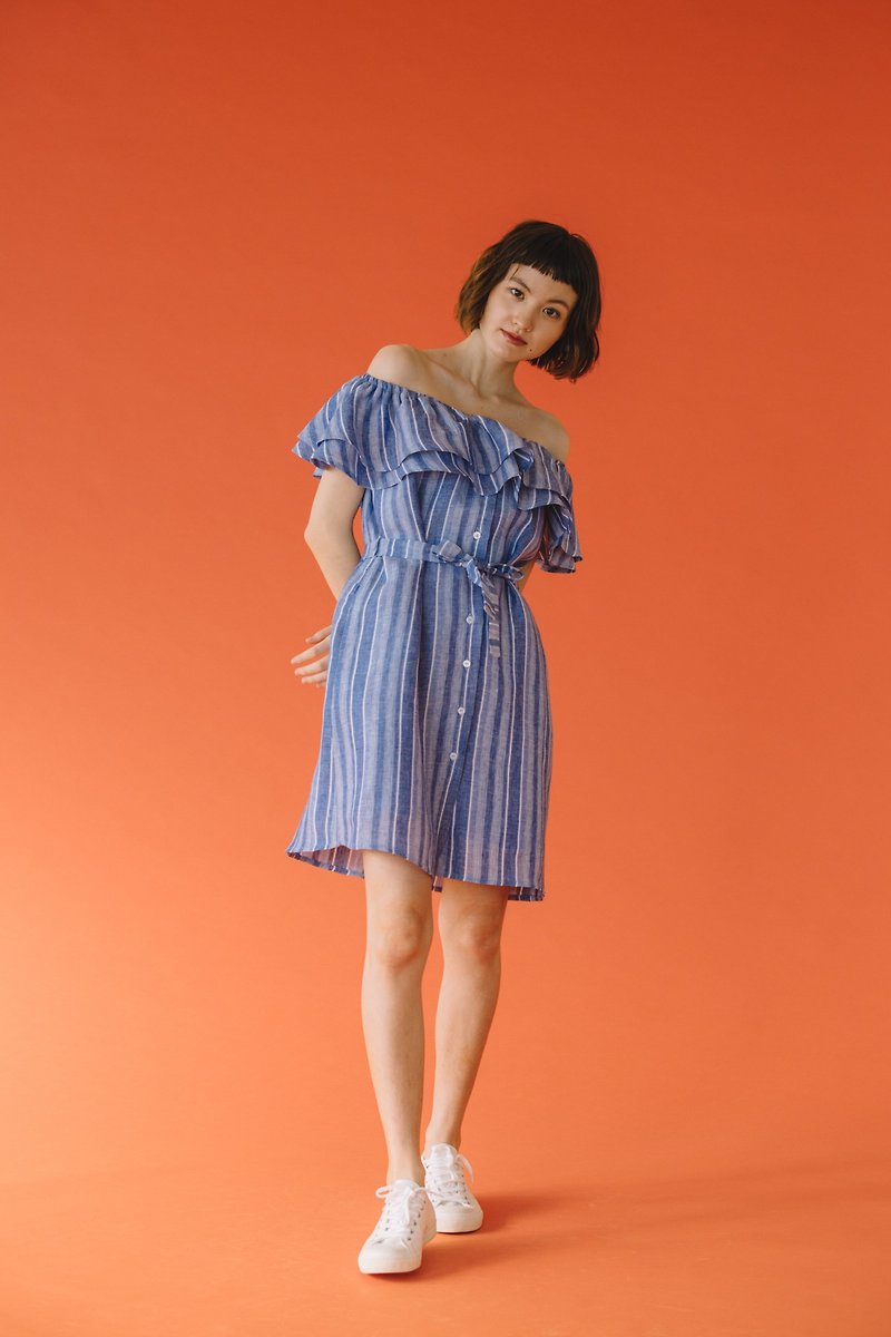 Double ruffle off shoulder mini dress in Blue-White strip - 洋裝/連身裙 - 棉．麻 藍色