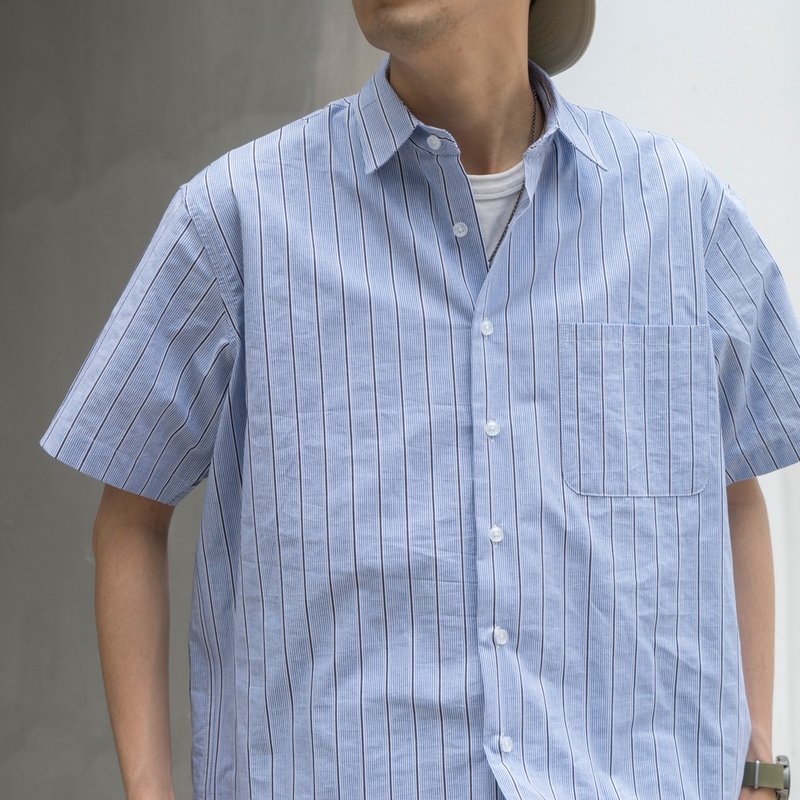 【盛夏換季穿搭】Stripe Short Shirt夏季日系休閒口袋襯衫 - 男襯衫/休閒襯衫 - 棉．麻 藍色