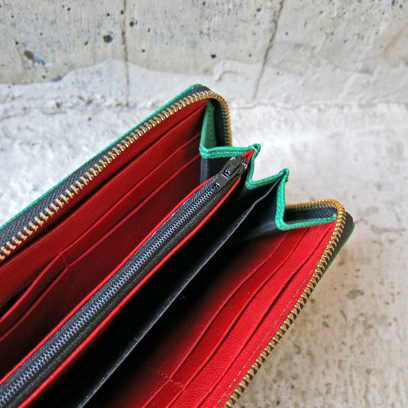 Multi-compartment zipper long clip watermelon green [LBT Pro] - กระเป๋าสตางค์ - หนังแท้ สีเขียว