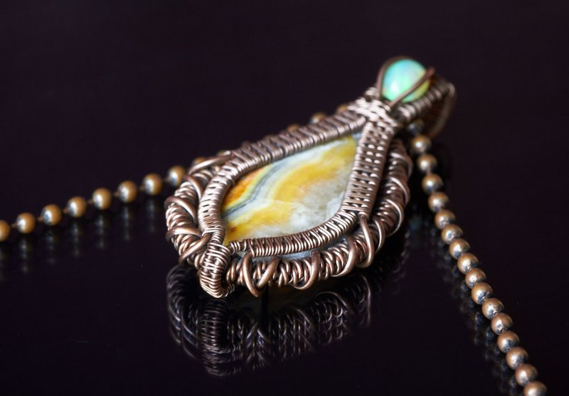 Handmade Copper Wire Wrap Pendant with Opal and Bumblebee Jasper - 項鍊 - 寶石 橘色