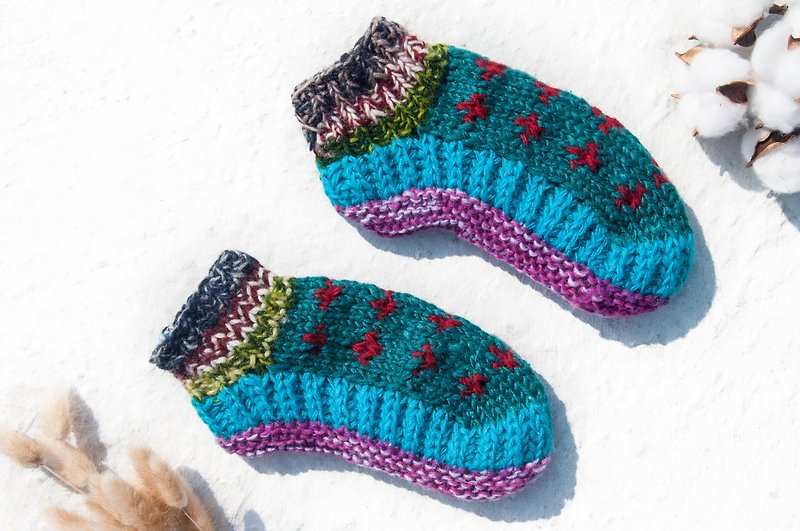 Hand-knitted pure wool knit socks/inner brushed striped socks/wool crocheted stockings/warm wool socks-Mediterranean blue - ถุงเท้า - ขนแกะ หลากหลายสี