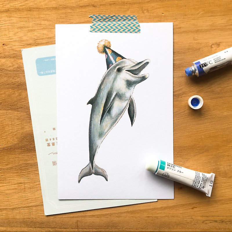 【動物明信片】 快樂的小海豚 - 心意卡/卡片 - 紙 白色
