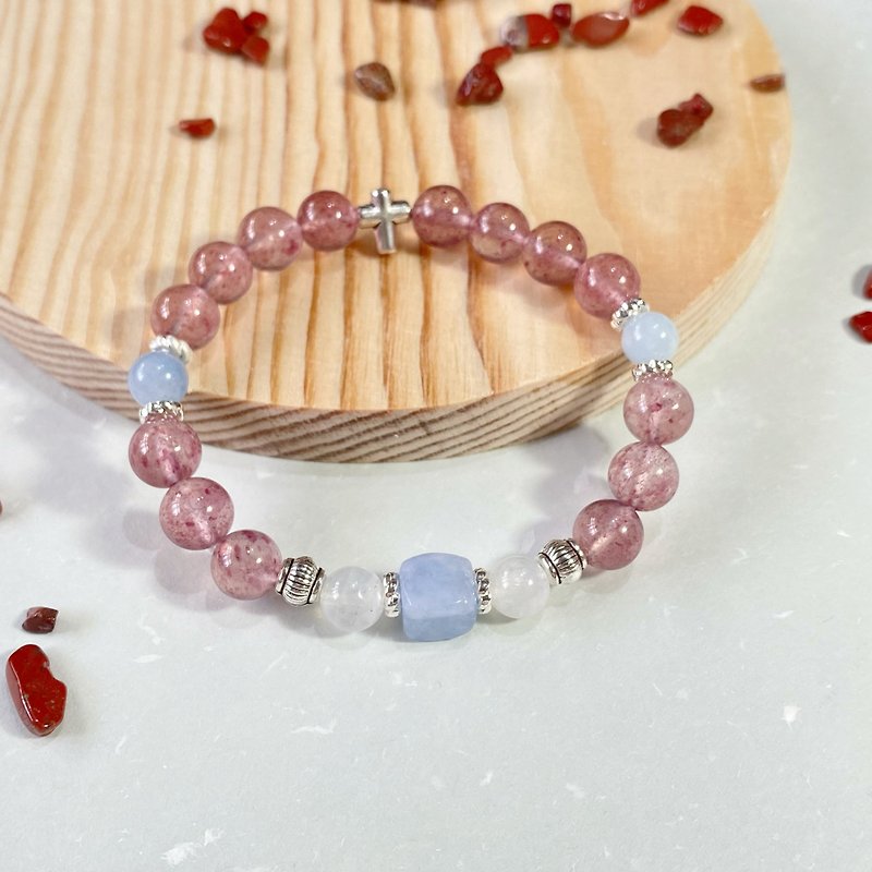 Strawberry Crystal Aquamarine White Moonlight || Peach Blossom Marriage Love Confident Charm Crystal Bracelet - สร้อยข้อมือ - คริสตัล สึชมพู