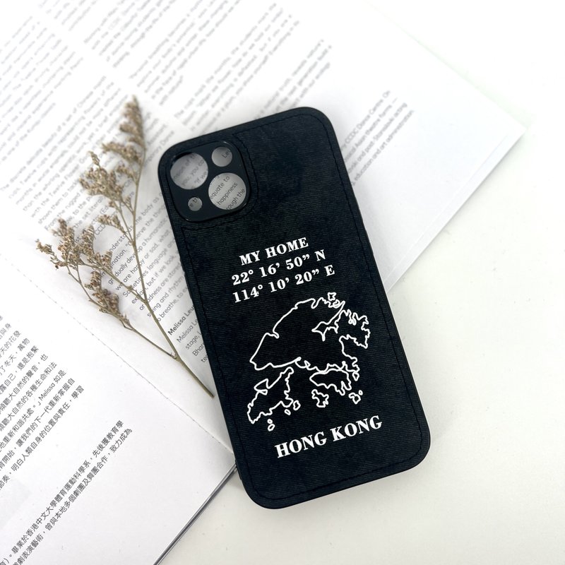 [Hong Kong Map MY HOME + Custom Name] Fabric Phone Case - เคส/ซองมือถือ - วัสดุอื่นๆ สีดำ