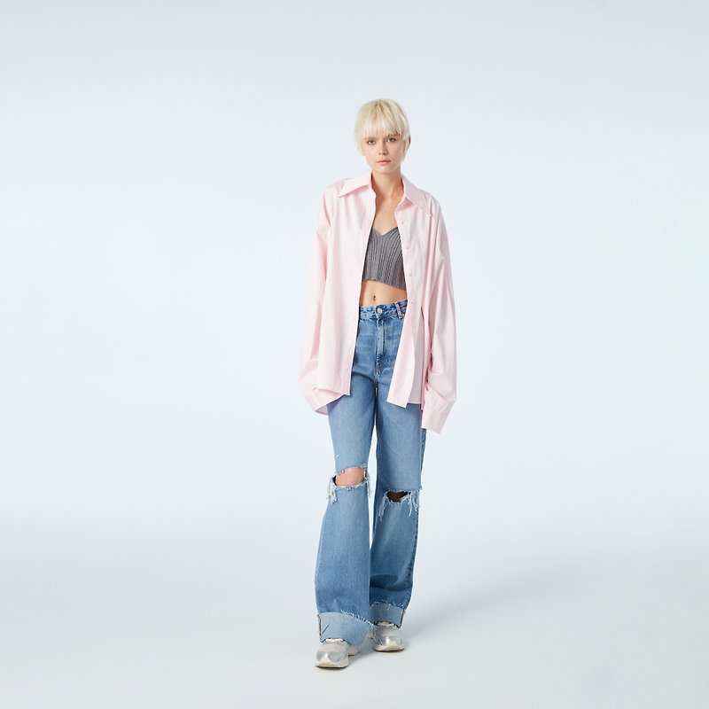 10 MOOn Pink oversized cotton shirt - เสื้อเชิ้ตผู้หญิง - ผ้าฝ้าย/ผ้าลินิน สึชมพู