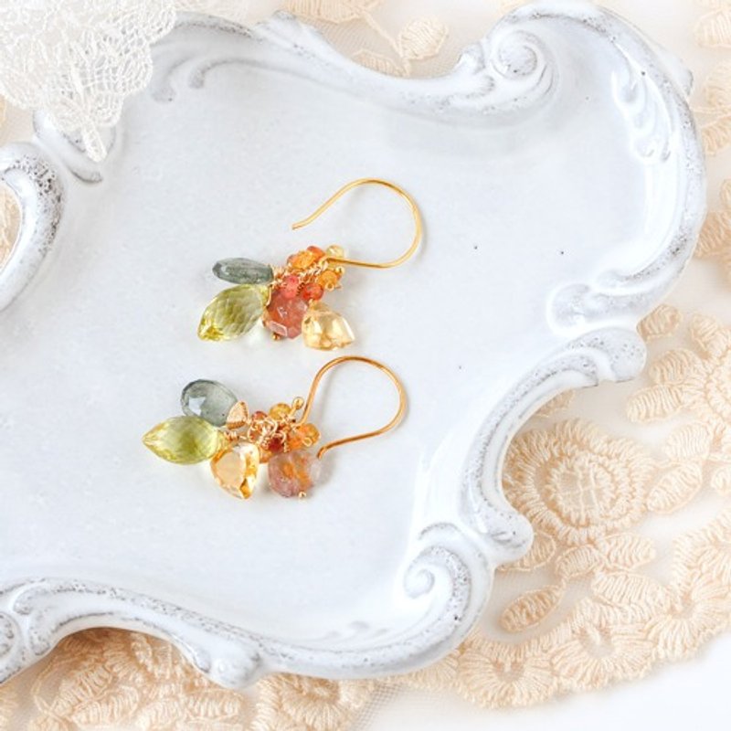 Lemon Quartz x Moss Aquamarine Earrings 14kgf - ต่างหู - เครื่องเพชรพลอย 