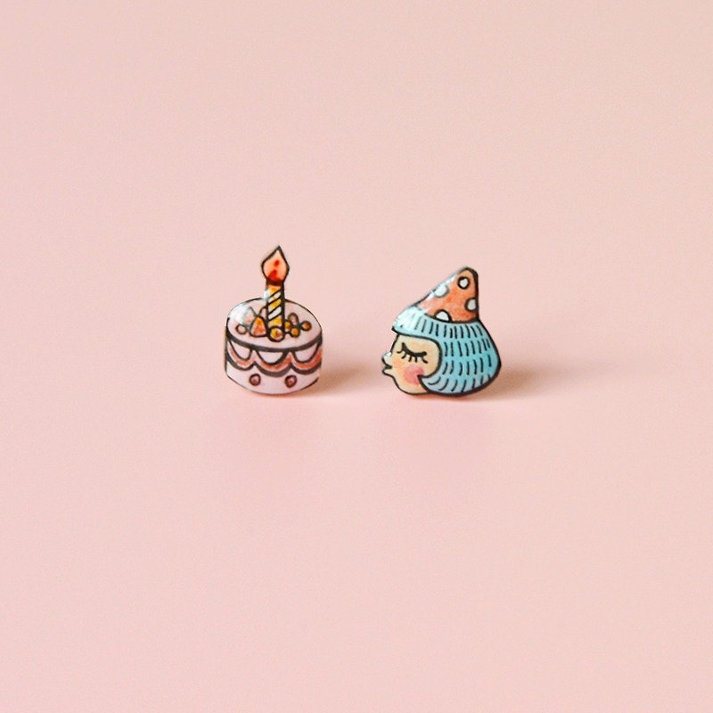 Xiao Shou Xing Happy Birthday Sweet Cute Handmade Stud Earrings Fashion Gifts Sterling Silver Ear Pins - ต่างหู - พลาสติก สึชมพู