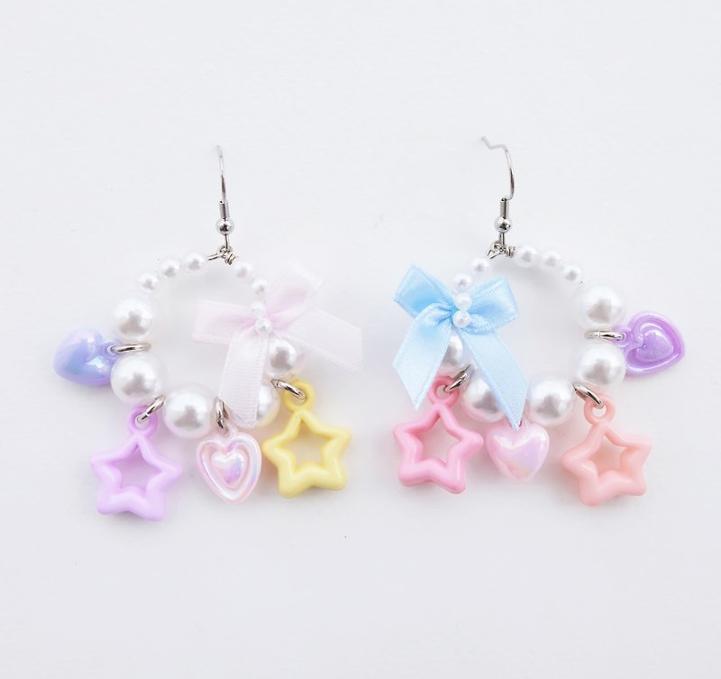 Faux pearl hoop earrings with pastel bead charms and bow - Earrings & Clip-ons - Other Materials Multicolor
