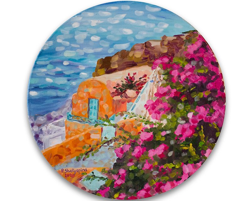 サントリーニ島油絵海景オリジナルアートギリシャ壁アート地中海アート - ポスター・絵 - その他の素材 多色