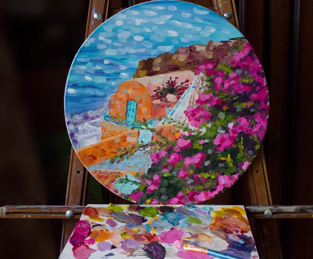 サントリーニ島油絵海景オリジナルアートギリシャ壁アート地中海