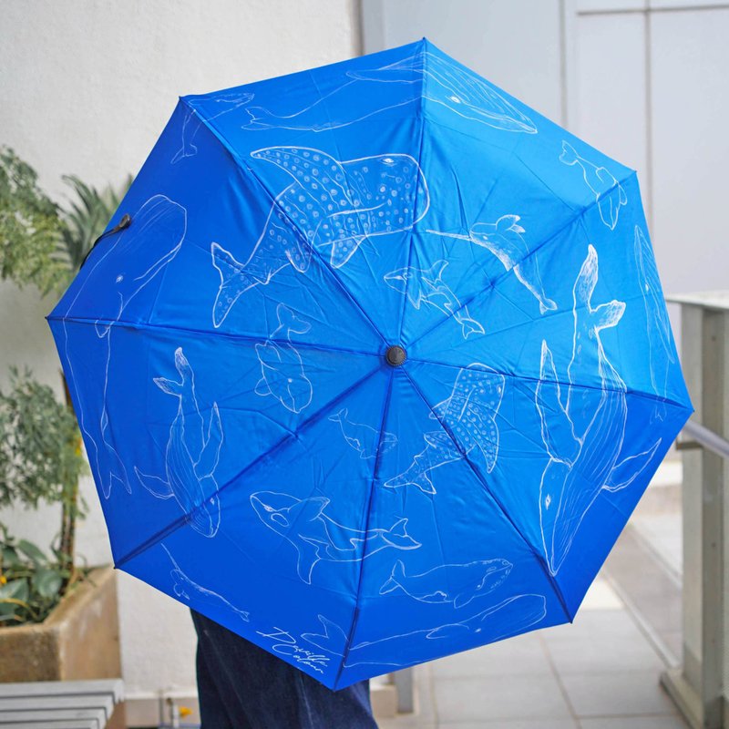 【Whale Does It belong】Watercolour lineart Illustration Whale Foldable Umbrella - Umbrellas & Rain Gear - Waterproof Material Blue