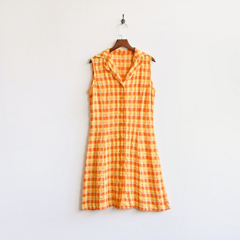 【蛋植物古著】鮮橘格紋無袖古著洋裝 - 洋裝/連身裙 - 其他人造纖維 