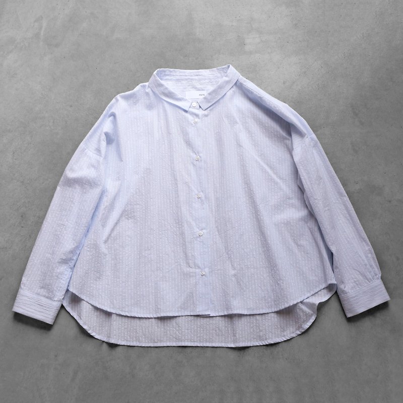 コードレーンワイドブラウス・サックスブルー - 洋裝/連身裙 - 棉．麻 藍色