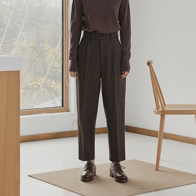 Red-brown 2 colors loose and thin high-waisted wool trousers woolen texture wide-leg straight-leg classic pants - กางเกงขายาว - ขนแกะ สีนำ้ตาล