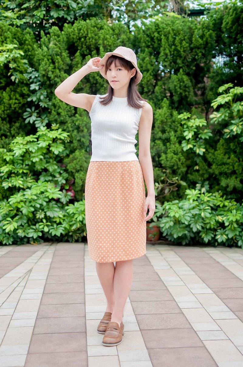 Vintage / Peach Orange Skirt with White Dots - Skirts - Other Materials Orange