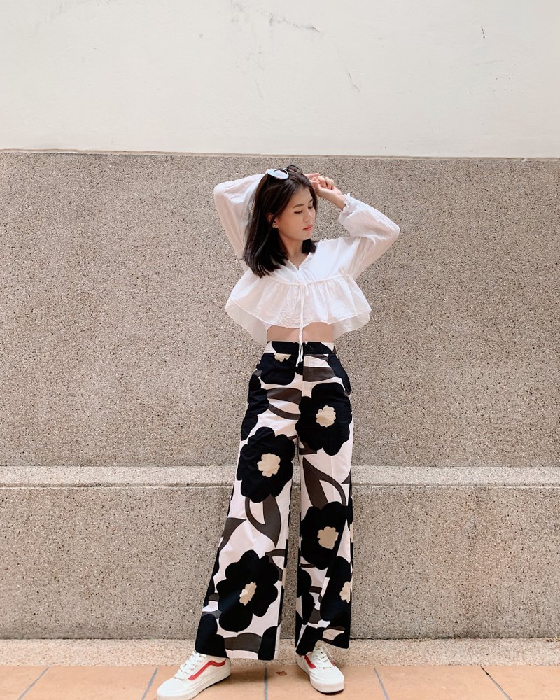 (Pre-Order) BIRUCHU BLACK HANA HIGH WAIST PANTS - 男長褲/休閒褲 - 棉．麻 黑色