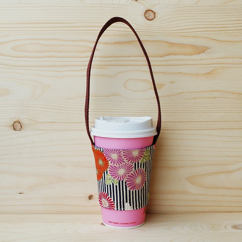 Line pill chrysanthemum beverage bag/cup holder - ถุงใส่กระติกนำ้ - ผ้าฝ้าย/ผ้าลินิน สีน้ำเงิน