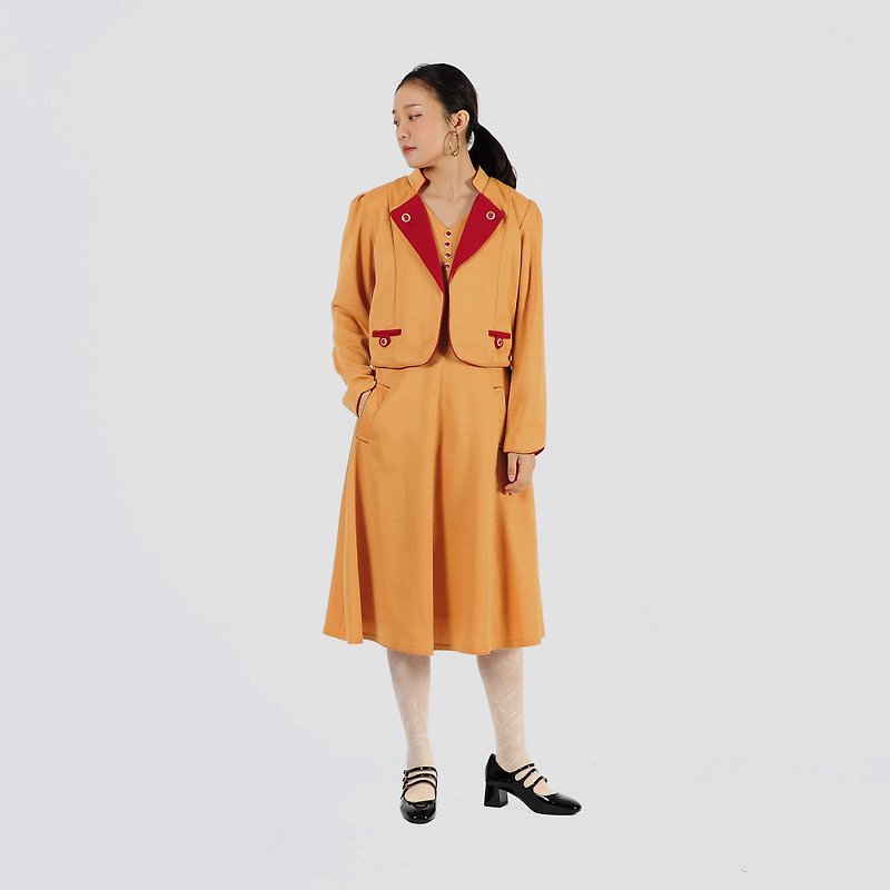 [Egg plant vintage] Showa orange fake two-piece knitted vintage dress - ชุดเดรส - เส้นใยสังเคราะห์ 