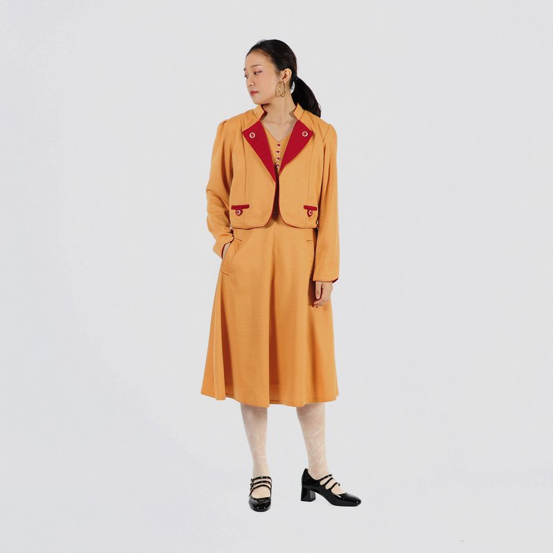 [Egg plant vintage] Showa orange fake two-piece knitted vintage dress - One Piece Dresses - Polyester 