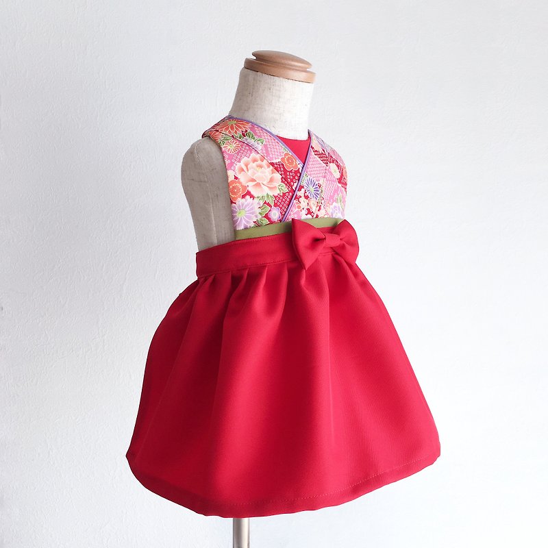 (售完) Kawaii Kimono Bib Dress(日本和服圍兜) - 鹿紋花 - R - 圍兜/口水巾 - 棉．麻 紅色