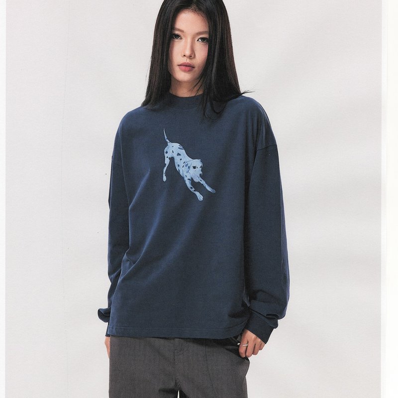 斑點狗數碼印花輕絨感長袖T恤 半高領寬松長TEE - 帽T/大學T - 棉．麻 藍色