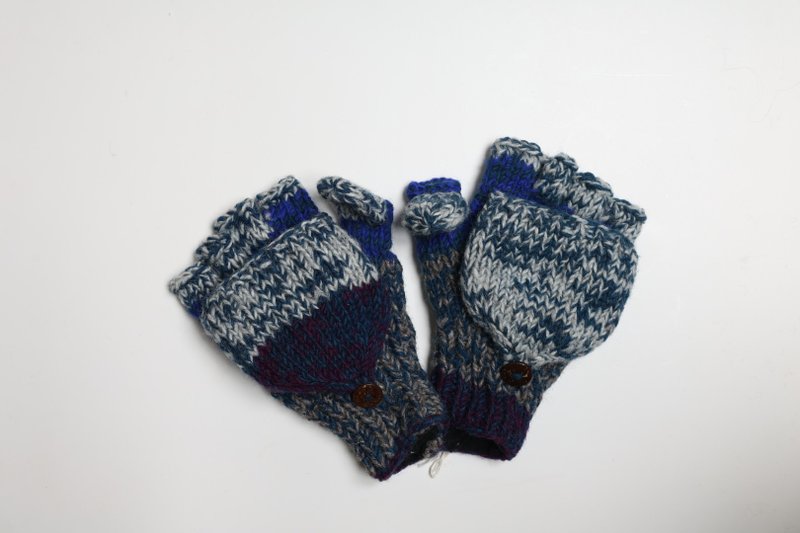 藍色色塊雜線翻蓋手套海水配色純羊毛線手工編織搖粒絨全內襯保暖 - 手套 - 羊毛 藍色