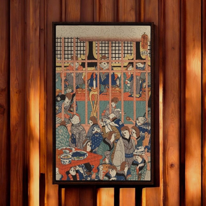 歌川國芳- 里すずめ寝ぐらの仮宿 / 下聯【壁虎拼圖】 - 擺飾/家飾品 - 木頭 藍色