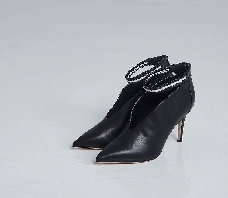 Woven thin belt winding high heels black - รองเท้าส้นสูง - หนังแท้ สีดำ