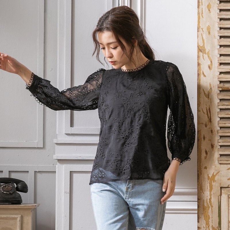 Beautiful texture micro-transparent lace top black - Women's Tops - Polyester Black