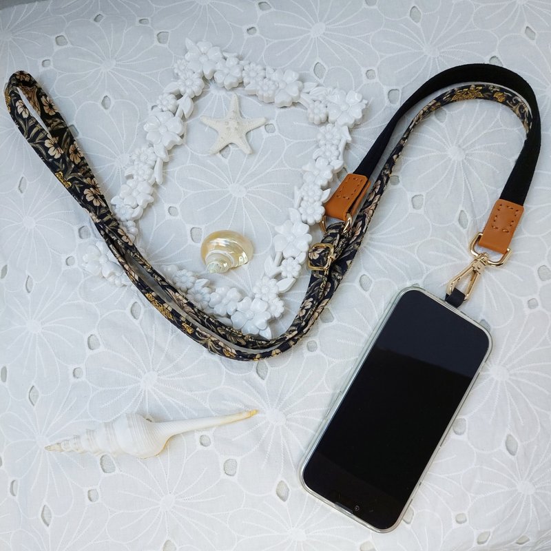 Three-in-one multi-functional black totem flower Korean cotton mobile phone oblique strap / oblique strap / back rope / - เชือก/สายคล้อง - ผ้าฝ้าย/ผ้าลินิน สีดำ