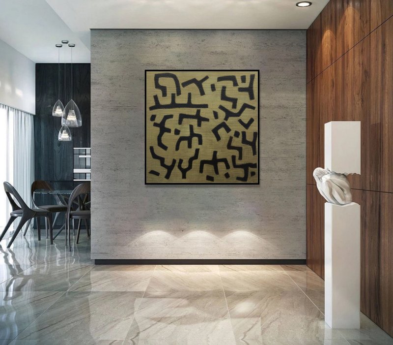 Original Abstract Lines Paintings On Canvas Brown Oil Artwork Minimalism Art - 壁貼/牆壁裝飾 - 壓克力 黑色