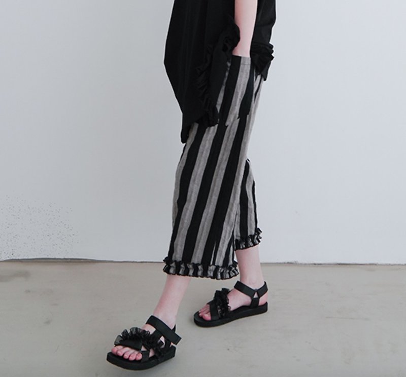 Black and gray striped casual lace pants - imakokoni - Women's Pants - Cotton & Hemp Black