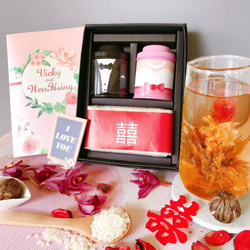 [結婚祝い] 武蔵─花は幸福を現す_花咲くお茶と米のギフトボックスセット（お茶2杯＋米1杯） - ティーバッグ・茶葉 - 食材 レッド