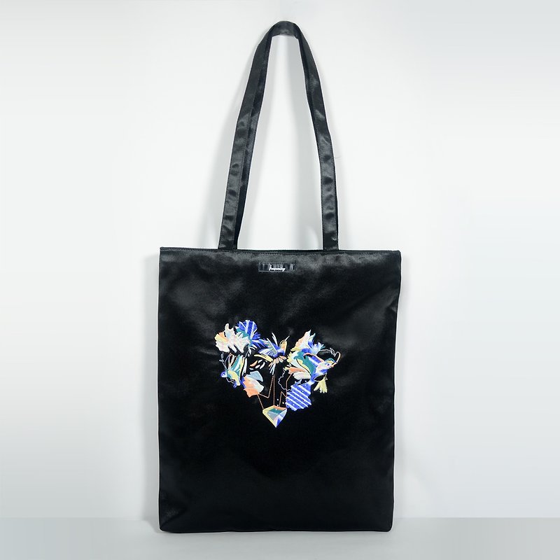 humming-蜂鳥熱氣球 Embroidery Bag 刺繡托特包|黑 - 側背包/斜孭袋 - 繡線 黑色